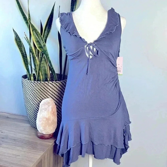 💃🏼NWT XS Wild Fable Handkerchief Hem Ruffle Blue Mini Dress - Picture 2 of 5